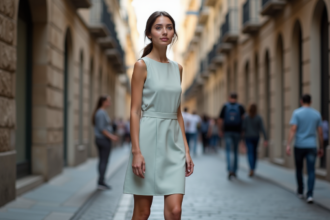 Jeune femme urbaine en robe simple dans une rue européenne