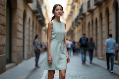 Jeune femme urbaine en robe simple dans une rue européenne