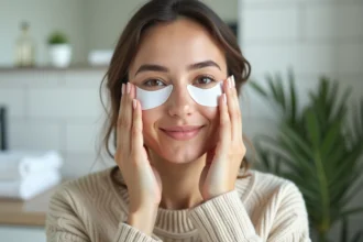 Femme pressant des patchs sous ses yeux dans une salle de bain