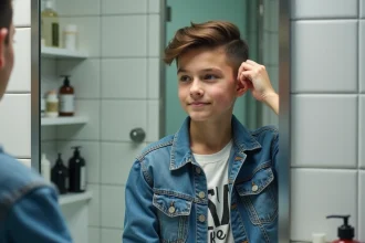 Adolescent coiffant ses cheveux dans la salle de bain