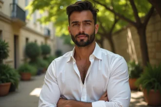 Jeune homme en chemise blanche dans une cour parisienne