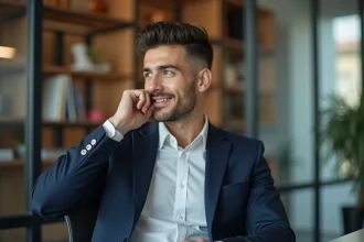 Jeune homme professionnel en costume dans un bureau moderne