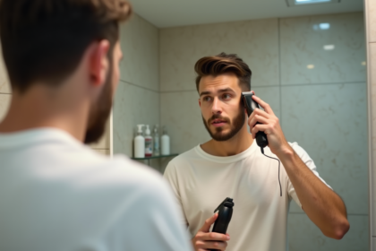 Jeune homme se rasant devant le miroir dans une salle de bain moderne