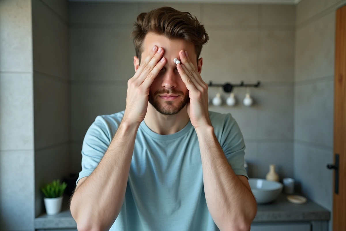 Jeune homme en t-shirt appliquant un serum sous les yeux