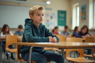 Jeune garçon blond highlights assis dans un lycée moderne
