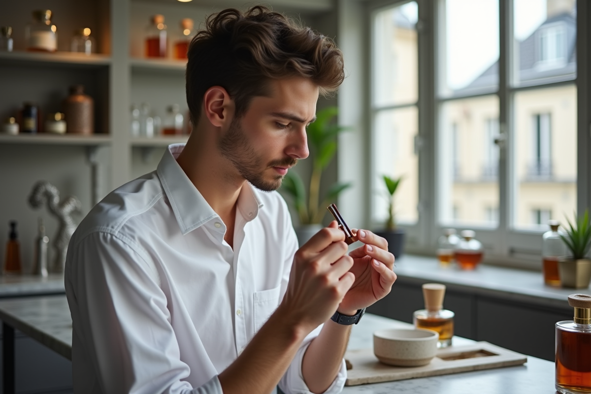 Jeune parfumeur parisien avec bandelette de parfum dans atelier moderne