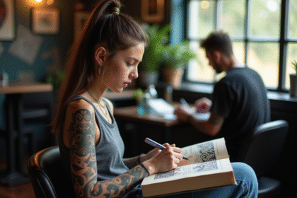 Jeune personne examinant un livre de tatouages tribaux dans un studio