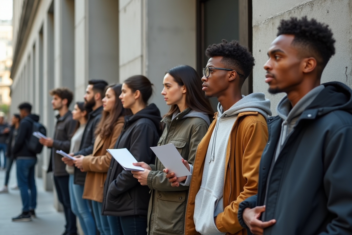 Groupe de jeunes adultes en file dans un environnement urbain
