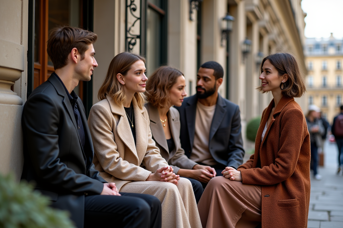 Jeunes designers discutant devant une maison de couture