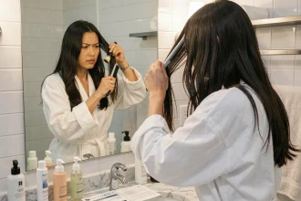 Femme appliquant un lissage japonais à domicile devant son miroir de salle de bain avec des produits capillaires professionnels