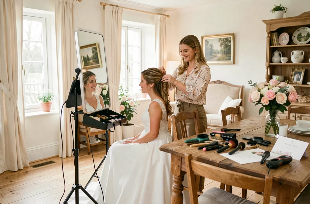 Coiffeuse à domicile préparant une coiffure de mariée lors d'une prestation événementielle à Joué-sur-Erdre