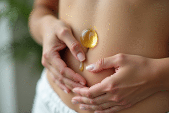 Main de femme massant son ventre avec de l'huile naturelle