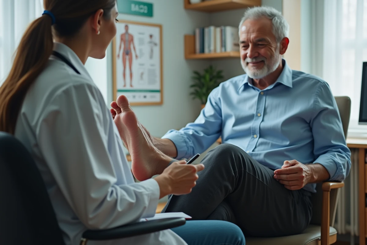 Médecin consulte un homme âgé avec un orteil douloureux