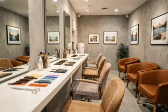 Intérieur d'un salon de coiffure moderne en Loire-Atlantique avec postes de travail, miroirs et accessoires de coiffure
