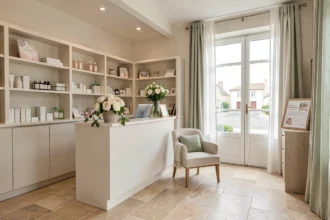 Intérieur d'un institut de beauté élégant en Charente-Maritime avec un comptoir d'accueil fleuri et des produits de soin soigneusement disposés