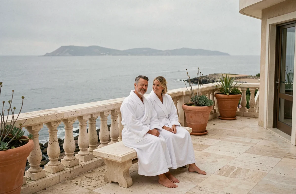 Couple en robes blanches sur la terrasse du Miramar La Cigale Hôtel Thalasso et Spa face à la Baie de Quiberon