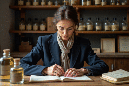 Femme parisienne élégante évaluant des flacons de parfum