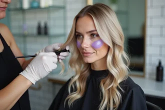 Coiffeuse appliquant une patine violette sur cheveux blonds dans un salon moderne pour neutraliser les reflets jaunes