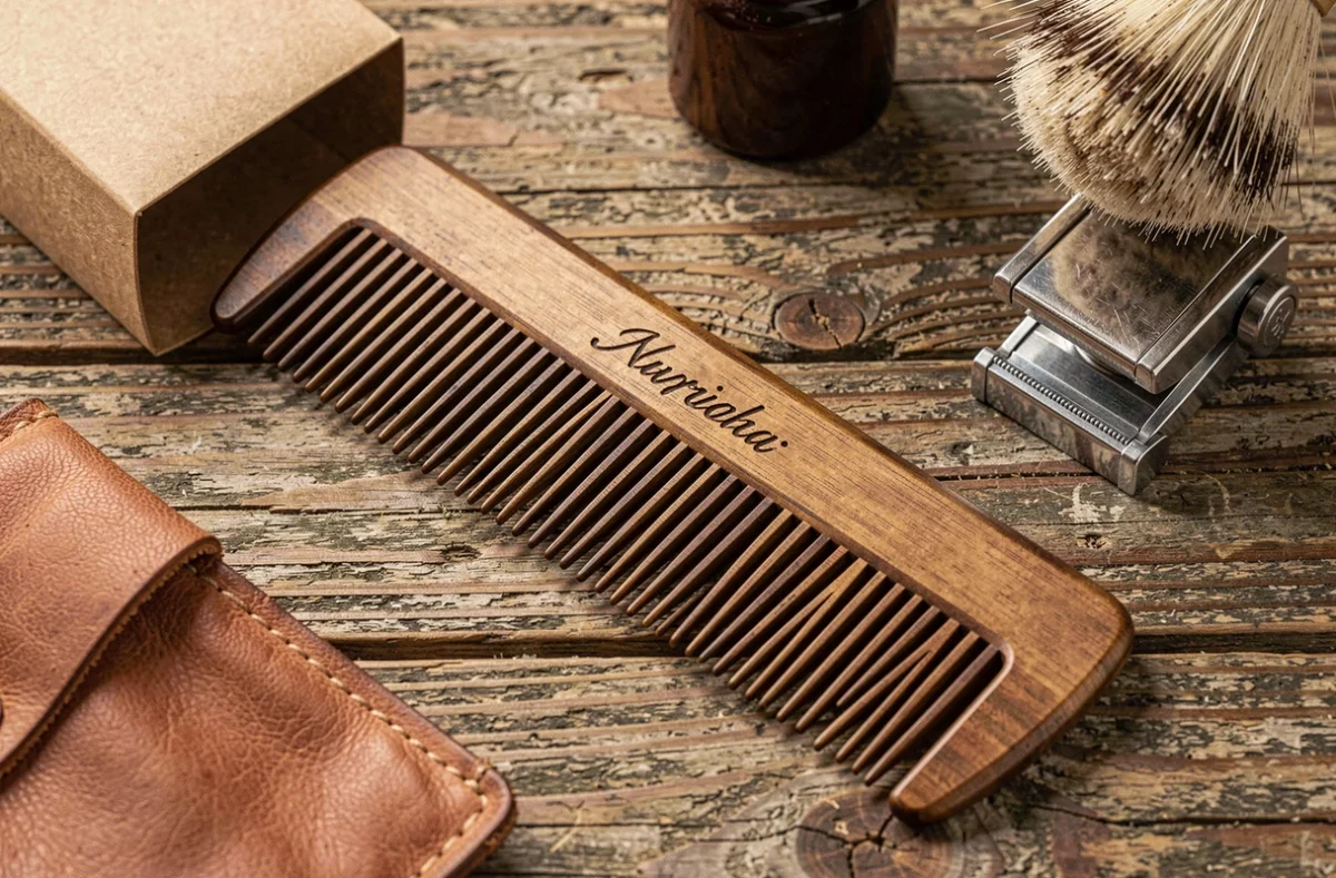 Peigne personnalisé gravé pour homme chauve présenté en flat lay avec accessoires de toilette sur bois rustique