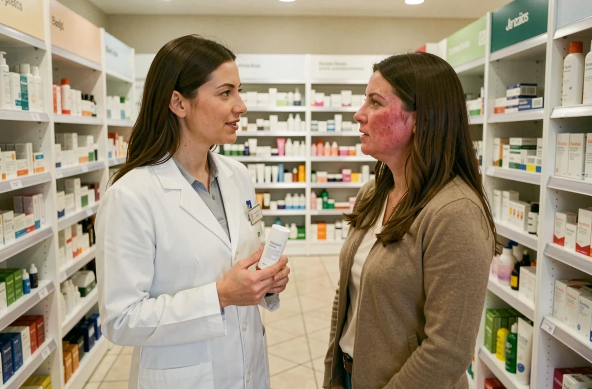 Pharmacienne conseillant une cliente atteinte de rosacée en parapharmacie