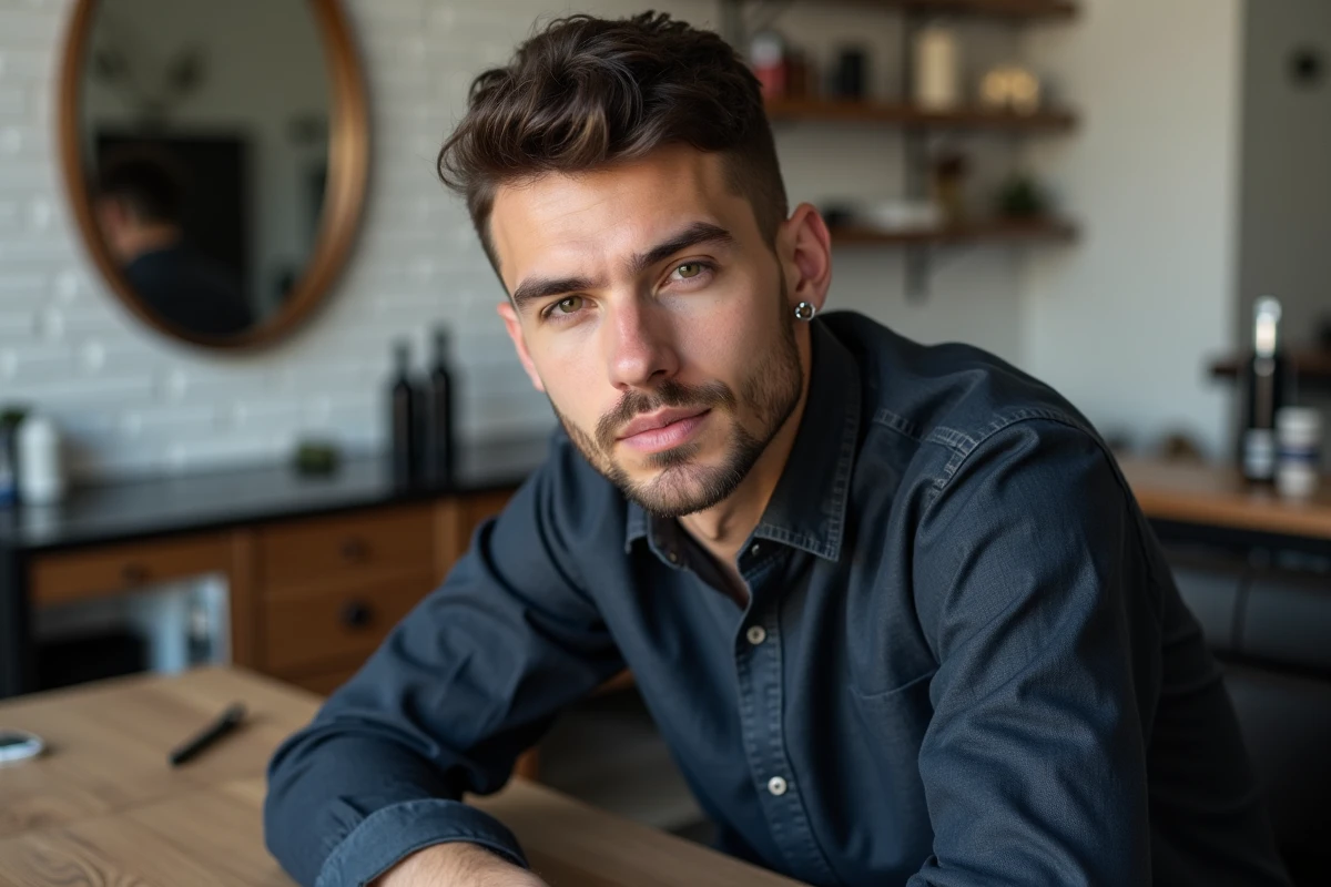 Homme en chemise marine dans un salon de barbier montrant ses piercings d'oreille industriel, flat et daith en argent