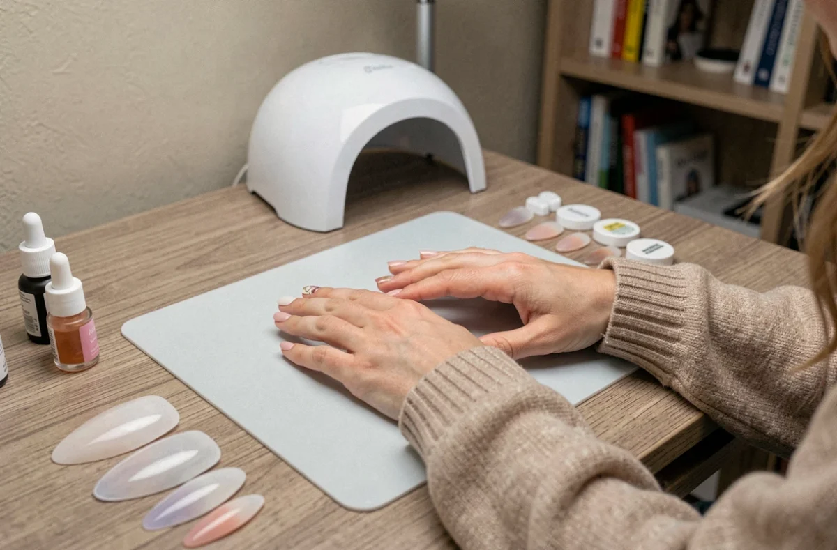 Femme réalisant elle-même une pose américaine sur ses ongles rongés à domicile avec du gel builder