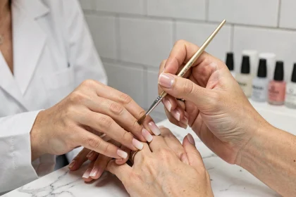 Technicienne en institut appliquant un ongle porcelaine avec dégradé babyboomer sur une cliente, vue macro sur les mains et le pinceau de pose