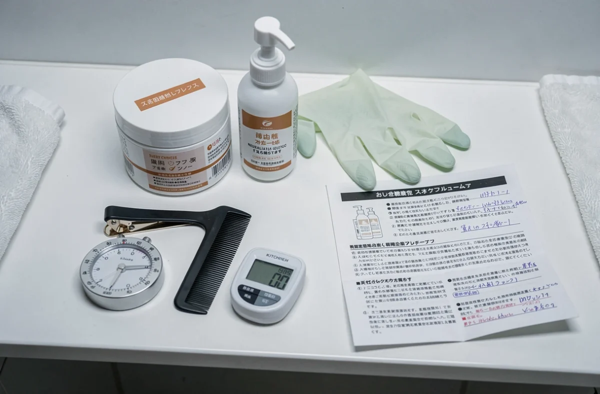 Flat-lay des produits et outils nécessaires pour un lissage japonais à domicile incluant crème, neutralisant et mode d'emploi annoté