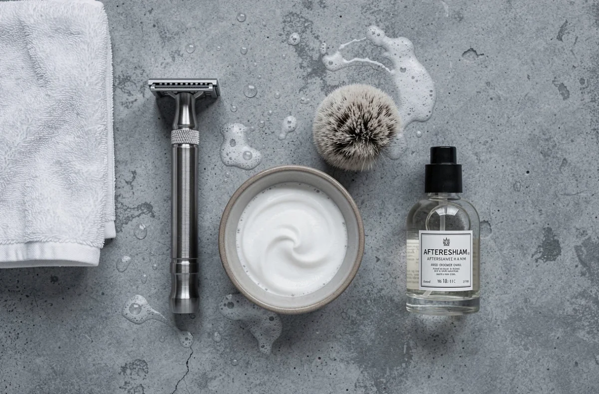 Produits de rasage pour peau sensible disposés en flat lay sur béton gris incluant rasoir de sûreté et blaireau