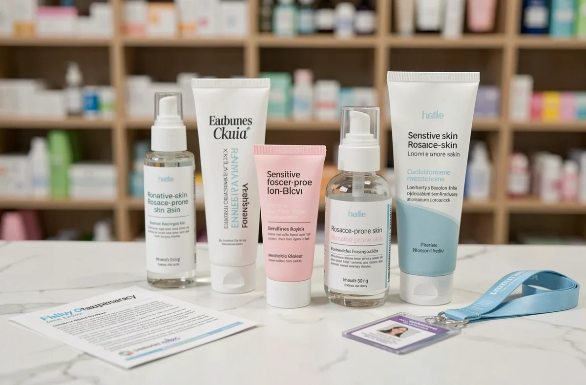 Produits de soin pour rosacée alignés sur un comptoir de parapharmacie
