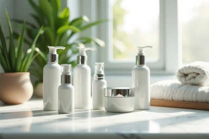 Produits de soins de luxe sur un comptoir en marbre lumineux