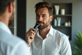 Homme se rasant dans la salle de bain moderne