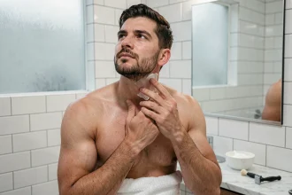 Homme rasant son cou sans irritation dans une salle de bain moderne avec rasoir de sûreté et crème à raser