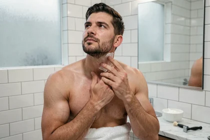 Homme rasant son cou sans irritation dans une salle de bain moderne avec rasoir de sûreté et crème à raser