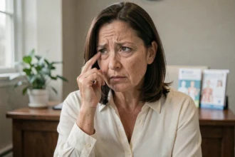 Femme d'une cinquantaine d'années touchant ses paupières avec une expression préoccupée lors d'une consultation médicale, illustrant les regrets après une blépharoplastie