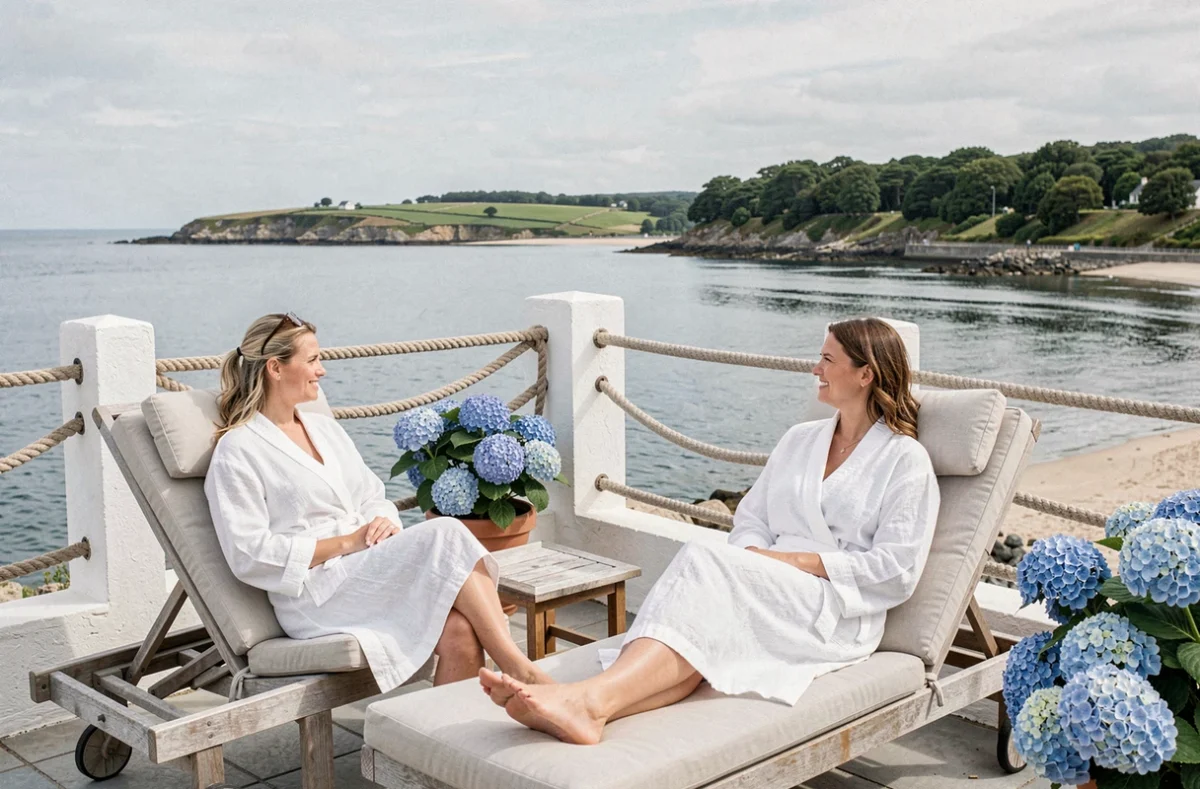Deux femmes en robes blanches sur la terrasse du Relais Thalasso Bénodet face à l'estuaire de l'Odet