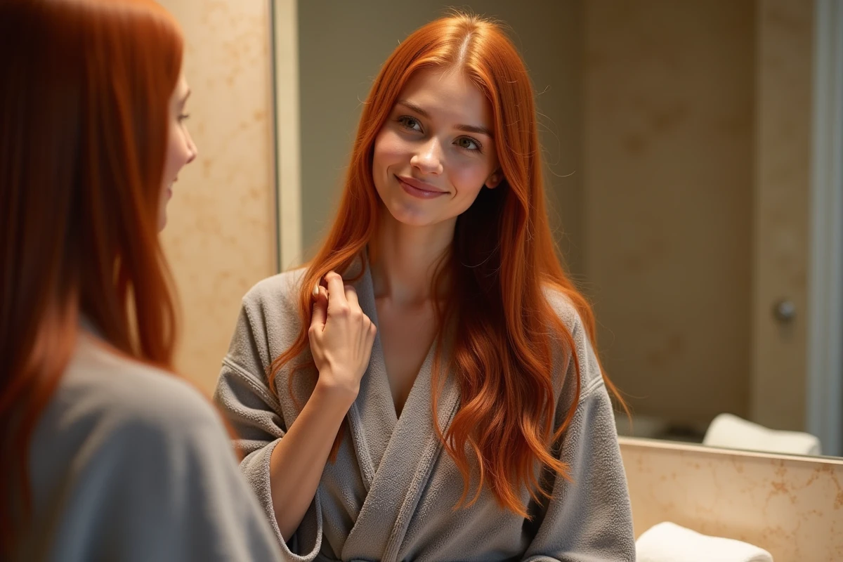 Femme admirant sa chevelure longue teinte au henné naturel dans un miroir de salle de bain, cheveux brillants et roux après rinçage