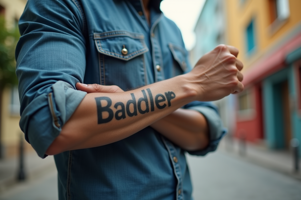 Personne dévoilant tatouage nom sur avant bras en extérieur
