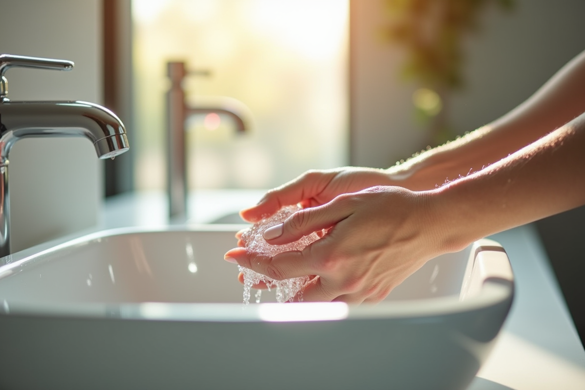 Mains rinçant des cheveux longs dans un lavabo blanc avec lumière naturelle