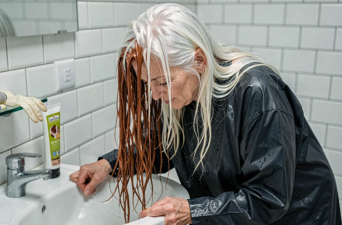 Femme rinçant le henné de ses cheveux blancs au lavabo pour révéler le résultat de la coloration naturelle