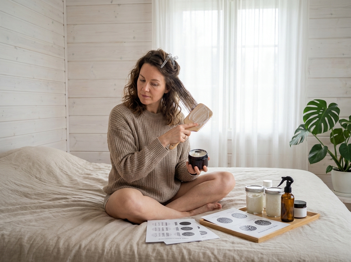 Femme aux cheveux ondulés appliquant un masque coiffant sur des sections de cheveux dans une chambre au style scandinave avec des produits capillaires posés à plat