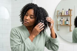 Jeune femme noire aux boucles naturelles volumineuses appliquant une crème coiffante dans ses cheveux dans une salle de bain moderne