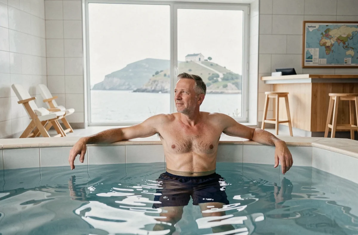 Homme dans la piscine d'eau de mer du Roz Marine Thalasso à Saint-Pol-de-Léon avec vue sur la Baie de Morlaix et l'Île de Batz