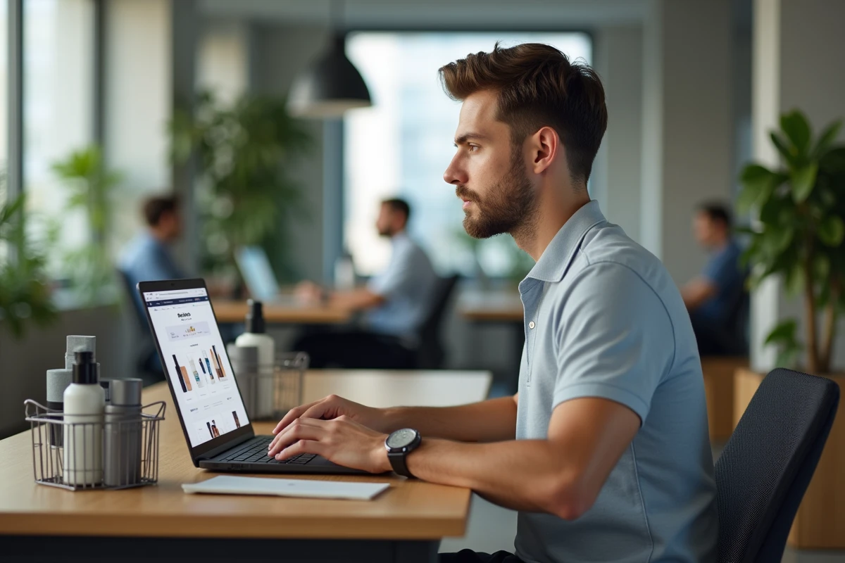 Salarié L'Oréal utilisant la plateforme staffshop sur ordinateur portable pour accéder aux offres de vente au personnel