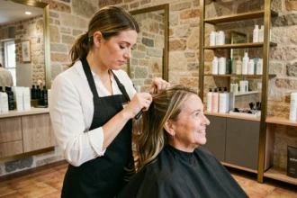 Coiffeuse professionnelle coupant les cheveux d'une cliente dans un salon de coiffure moderne de l'Hérault aux murs en pierre apparente