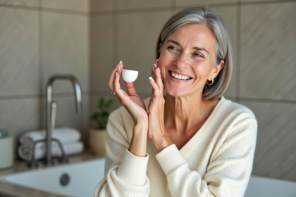Femme souriante appliquant une creme visage dans sa salle de bain