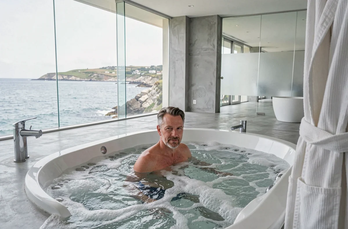 Homme en bain hydromassant dans les installations du Sofitel Quiberon Thalassa Sea and Spa face à la côte de la Presqu'île