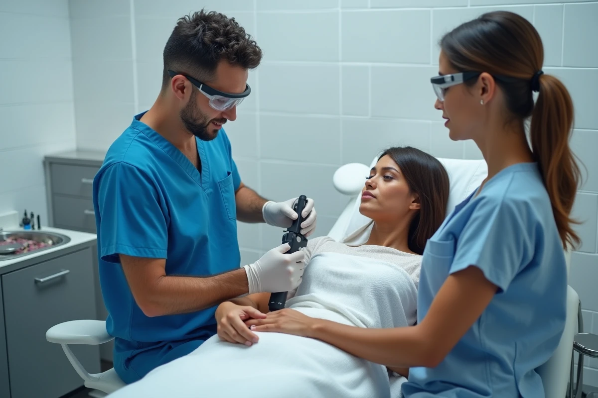 Technicien réalisant un soin laser sur une peau mate dans une cabine de traitement professionnelle