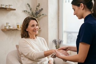 Femme souriante recevant un massage visage dans un institut de beauté