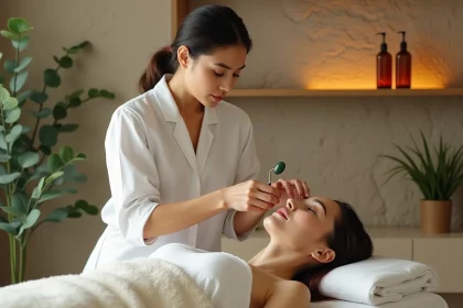 Esthéticienne appliquant un soin du visage au jade roller sur une cliente détendue dans un institut bien-être parisien minimaliste